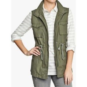Old Navy Women Military Style Safari Vest Green Full Zip Solid Sleeveless XS